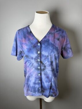 Tie-Dye V-Neck Button Front Women's Top - Purple/Pink